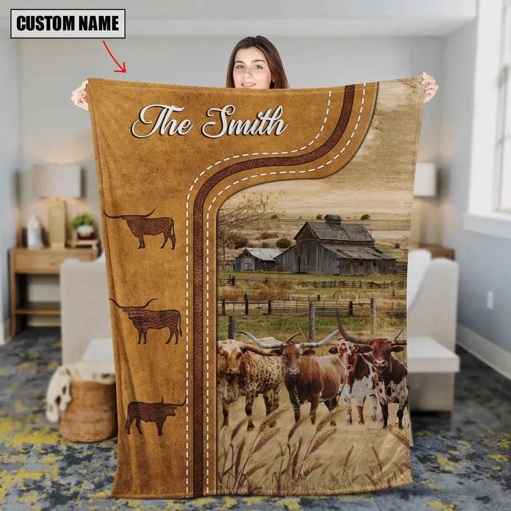 Personalized Texas Longhorn Cattle In Field Farmhouse Blanket Gift Ideas For Farmers