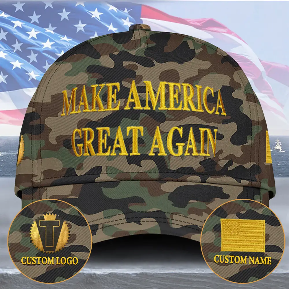Personalized Trump 2024 Camo Hat Embroidered Make America Great Again Gold Dark MAGA Hat Personalized Trump 2024 Camo Hat Embroidered Make America Great Again Gold Dark MAGA Hat - Image 1