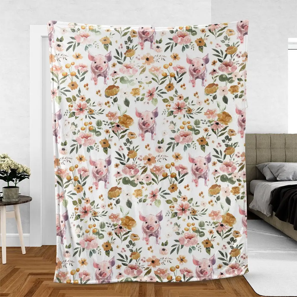 Pig Floral Pattern Blanket Farm Blanket Gift For Farmer