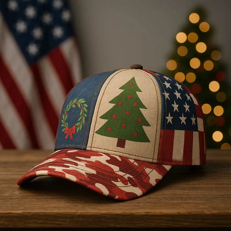 Pine Tree And Wreath Patriotic Christmas Hat American Flag Holiday Military Cap Xmas Gifts
