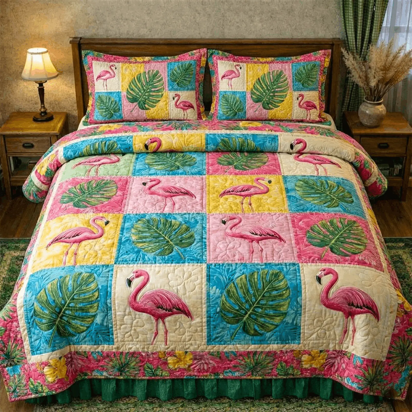 Pink Flamingo Quilt Bedding Set Tropical Paradise Duvet Cover Decor