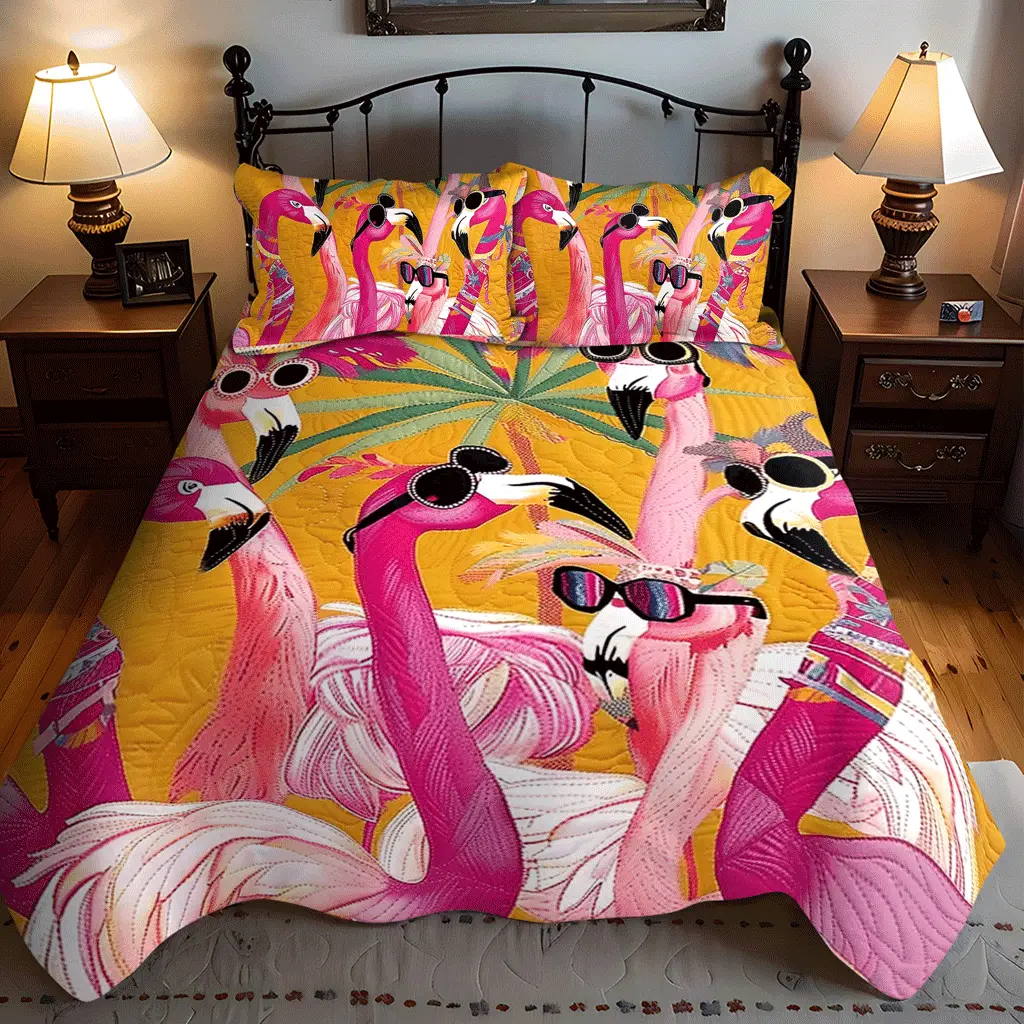 Pink Flamingo Quilt Bedding Set Tropical Vibe Duvet Covers Great Mother's Day Gift For Wife