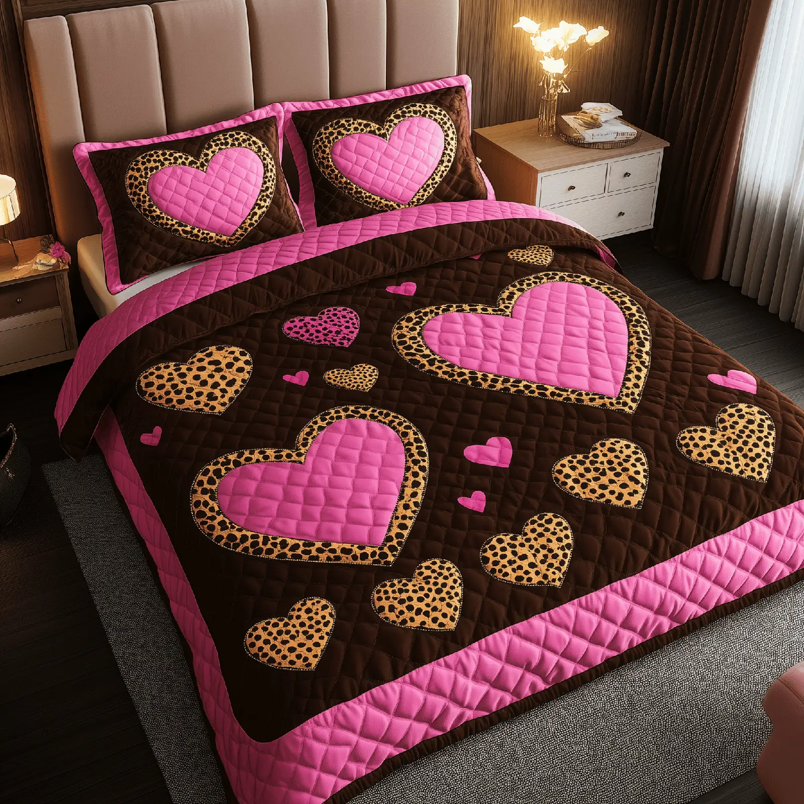Pink Leopard Heart Quilted Bedding Set Bedding Ideas Best Valentines Gifts For Her