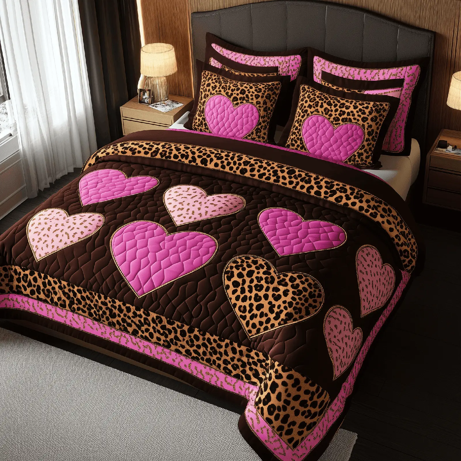 Pink Leopard Heart Quilted Bedding Set Bedroom Decor Ideas First Valentine Gift For Boyfriend