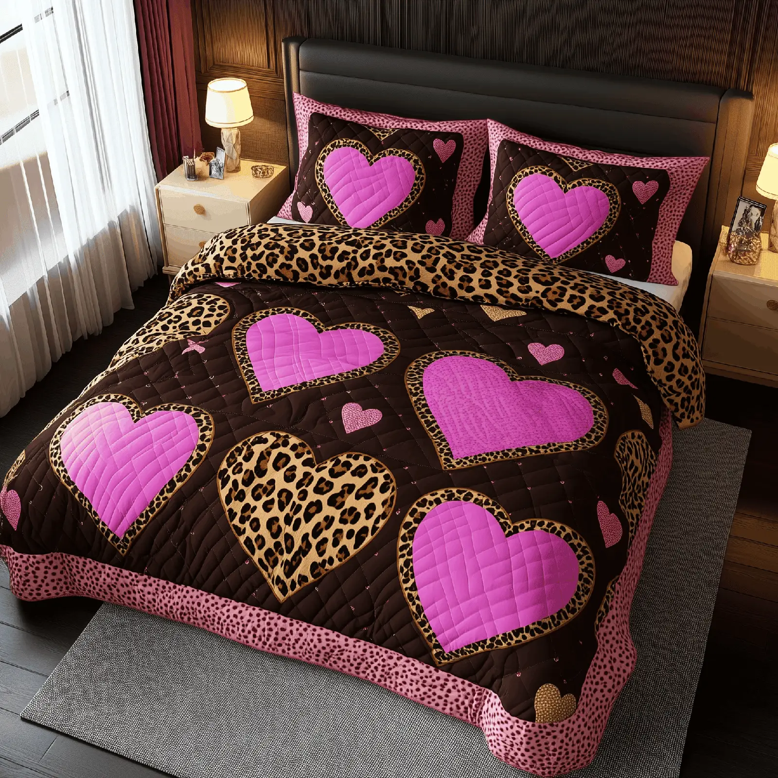 Pink Leopard Heart Quilted Bedding Set Bedroom Decor Ideas Valentines Gifts For Her