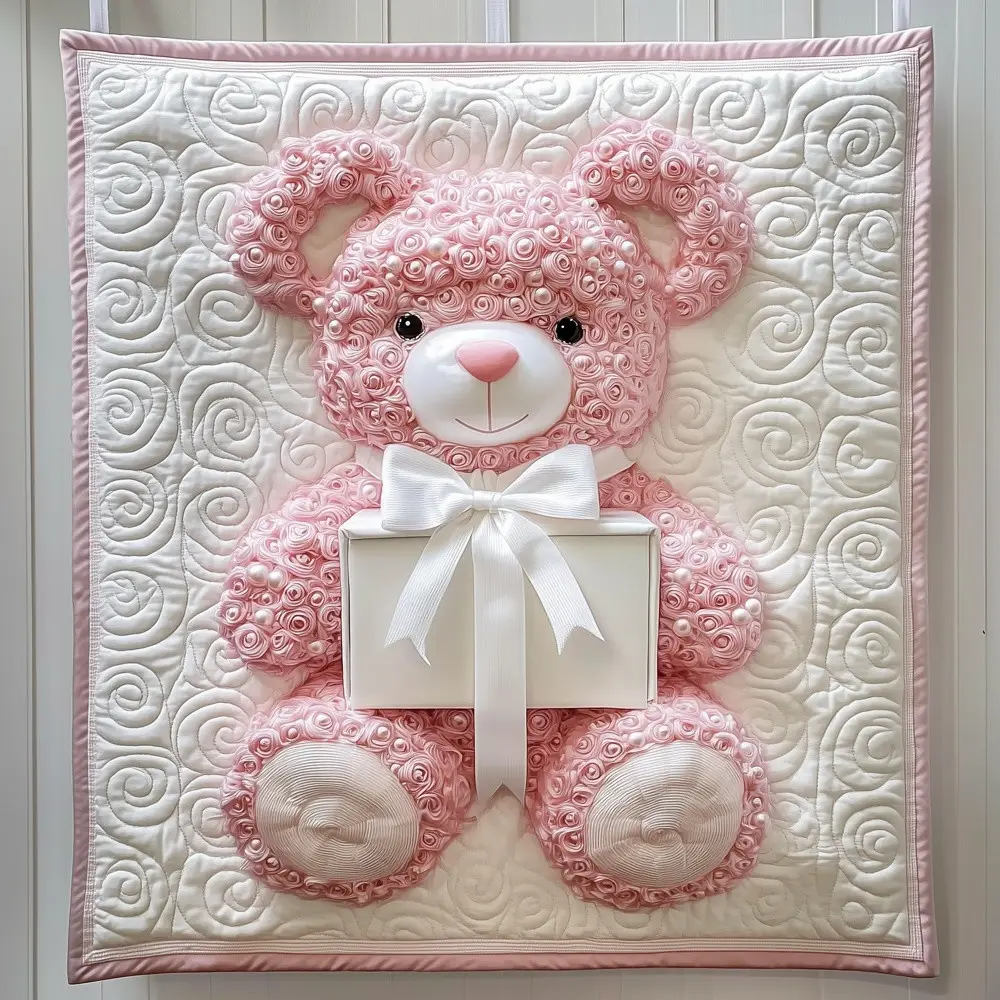 Pink Love Bear Quilted Blanket Cute Teddy Rose Nursery Decor Cozy Throw Best Gift For Baby Girls