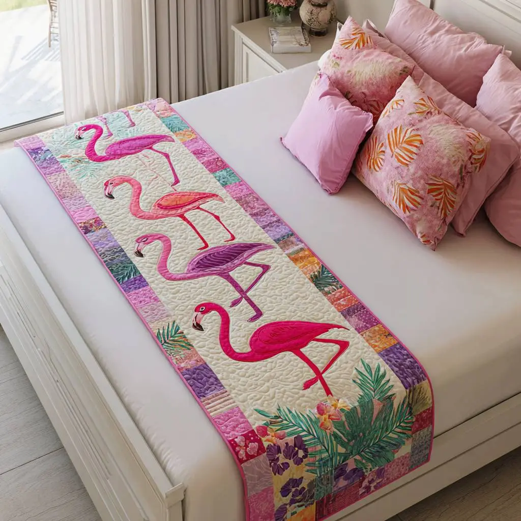 Pink Parade Quilted Bed Runner Pink Flamingo Parade Tropical Gift