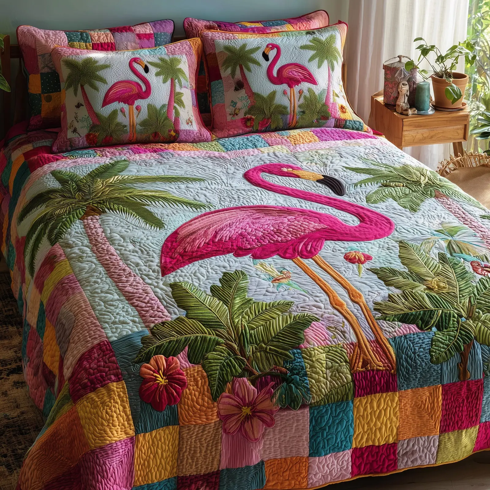 Pink Paradise Quilted Bedding Set Solid Color