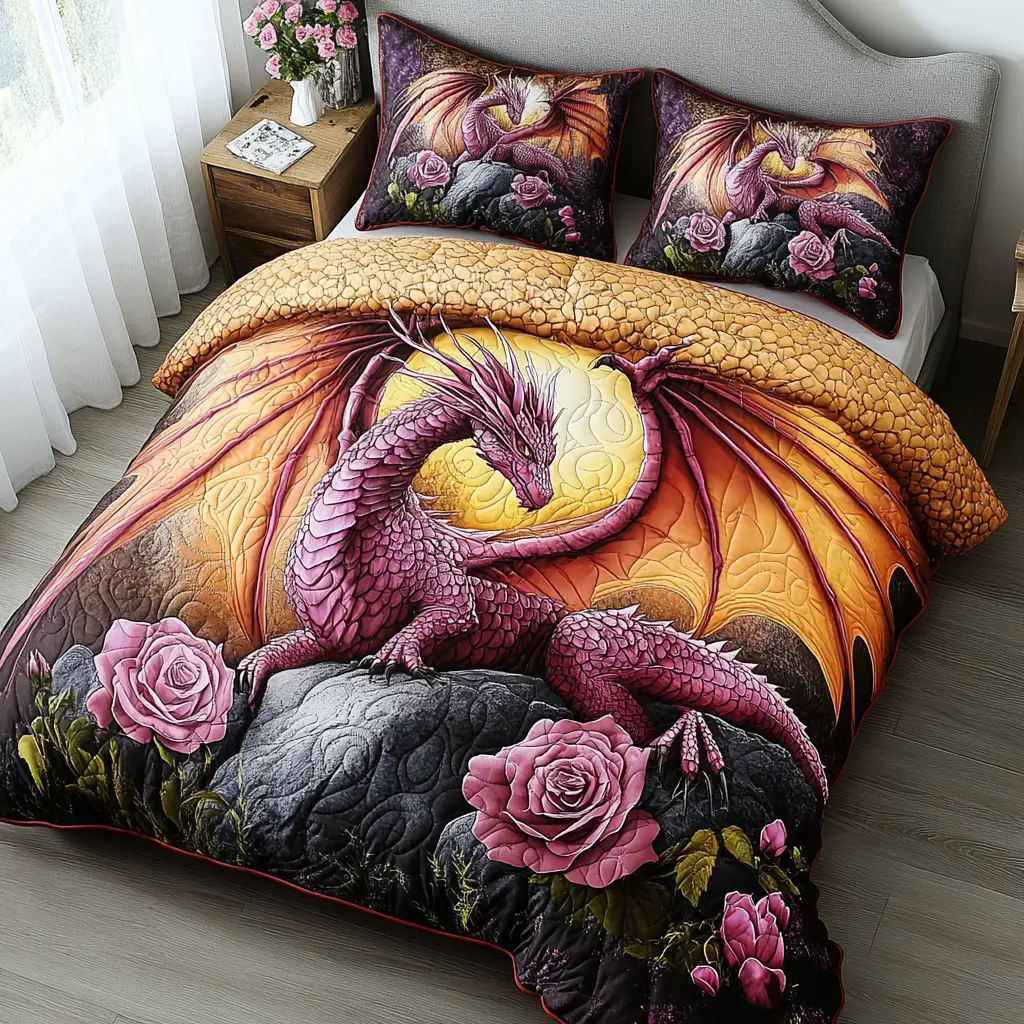 Pink Rose Dragon Quilted Bedding Set Trendy Bedding Merch for Modern Homes Pink Rose Dragon Quilted Bedding Set Trendy Bedding Merch for Modern Homes - Image 1