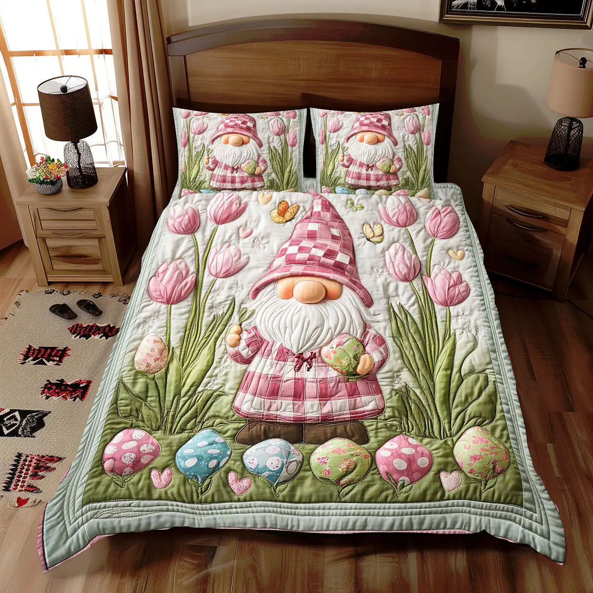 Pink Tulip Gnome Quilted Bedding Set Autumn Inspired Bedroom Unique Gnome Gifts Pink Tulip Gnome Quilted Bedding Set Autumn Inspired Bedroom Unique Gnome Gifts - Image 1