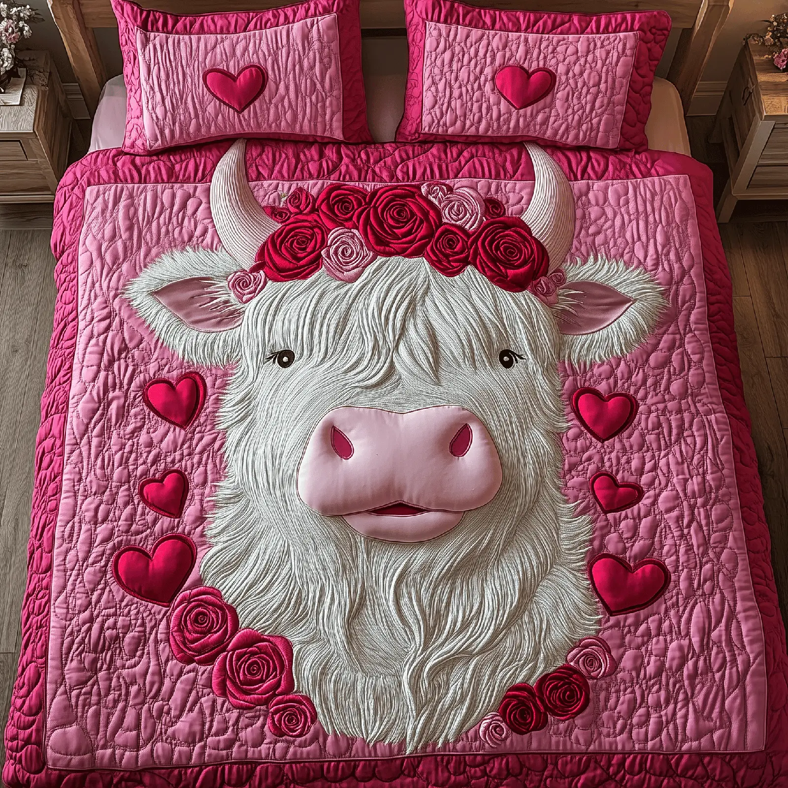 Pinky Sweetie Highland Cow Quilted Bedding Set Bedding Ideas Valentine's Day Ideas