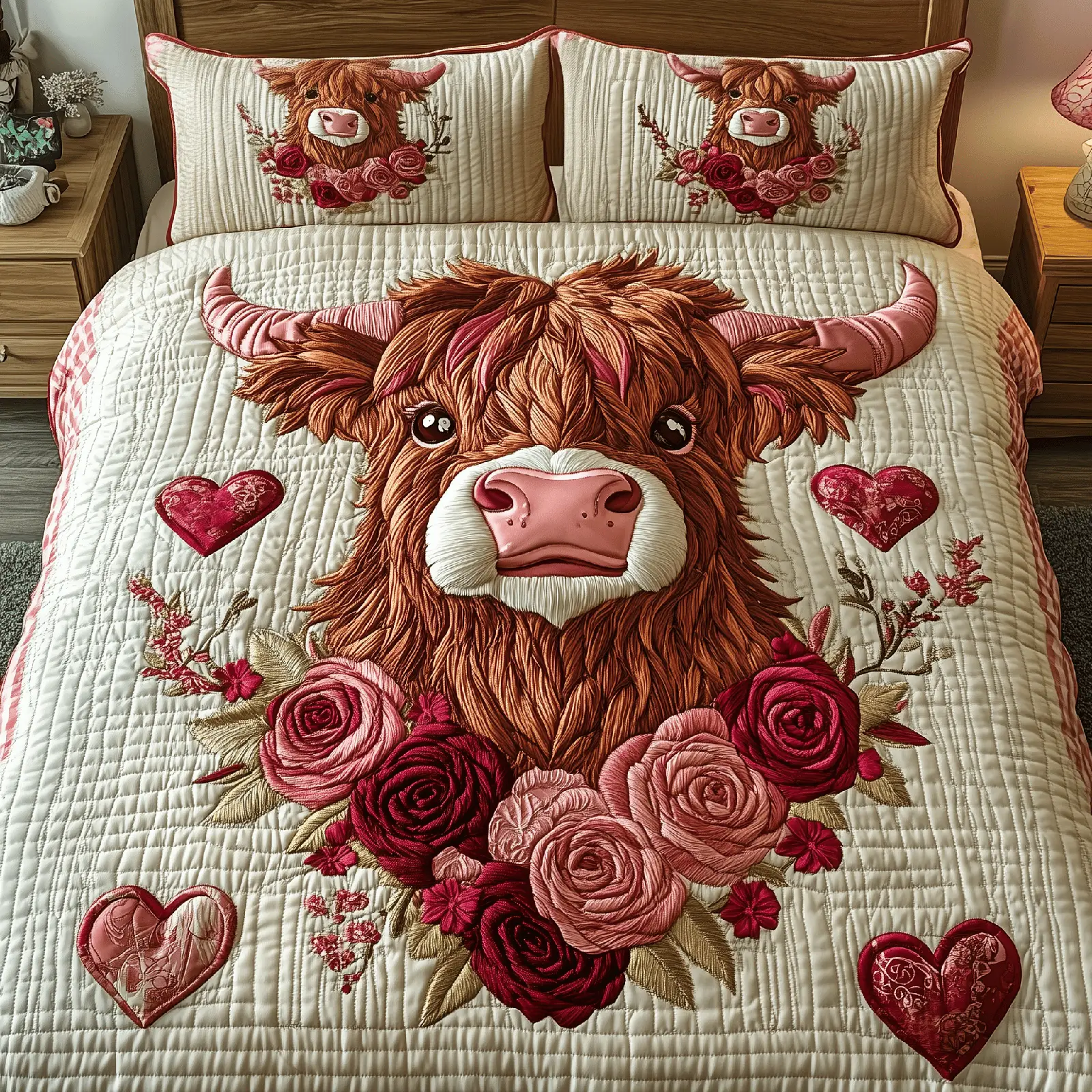 Pinky Sweetie Highland Cow Quilted Bedding Set Gifts For Cow Lovers Valentine Day