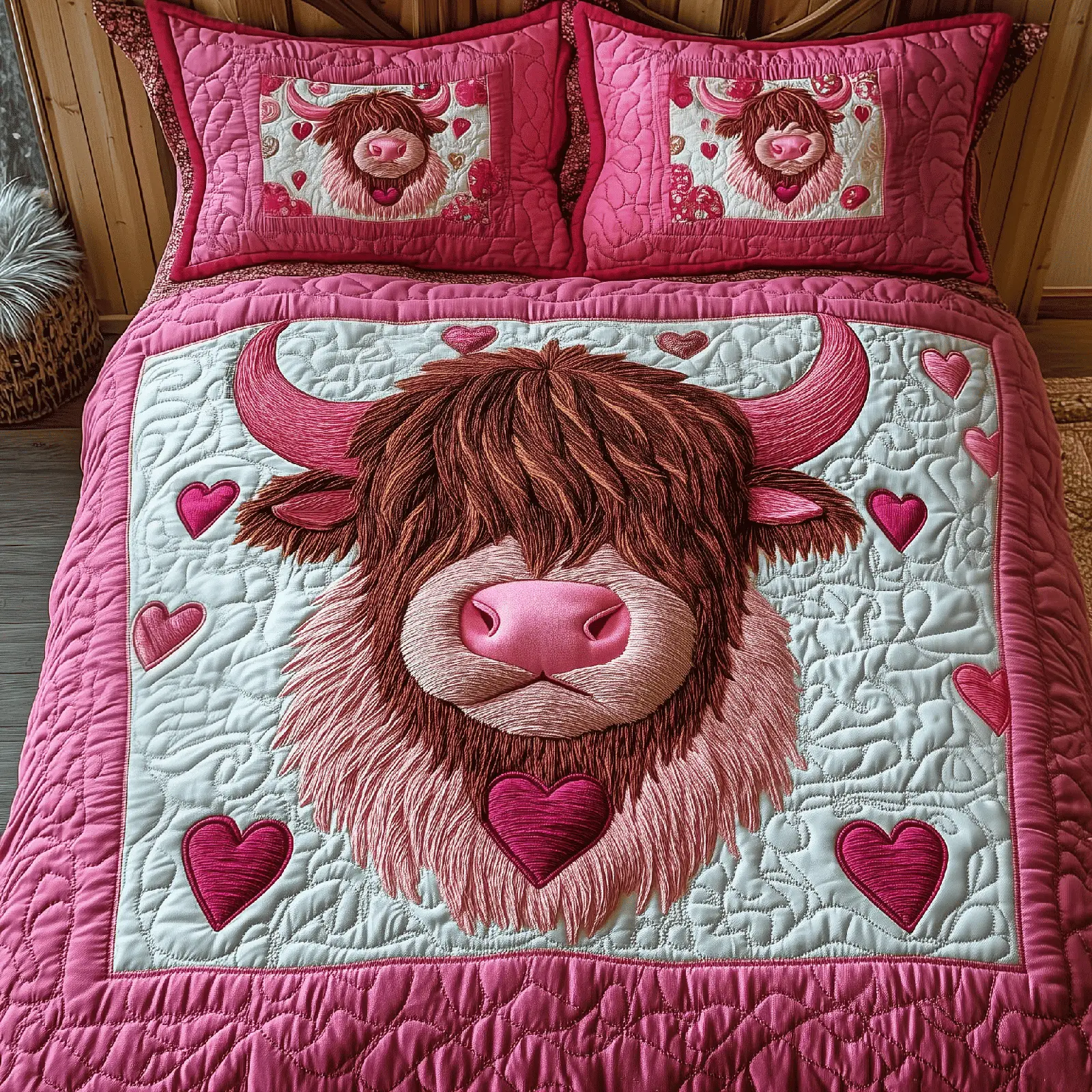 Pinky Sweetie Highland Cow Quilted Bedding Set Highland Cow Valentine Day Gift Ideas For Her