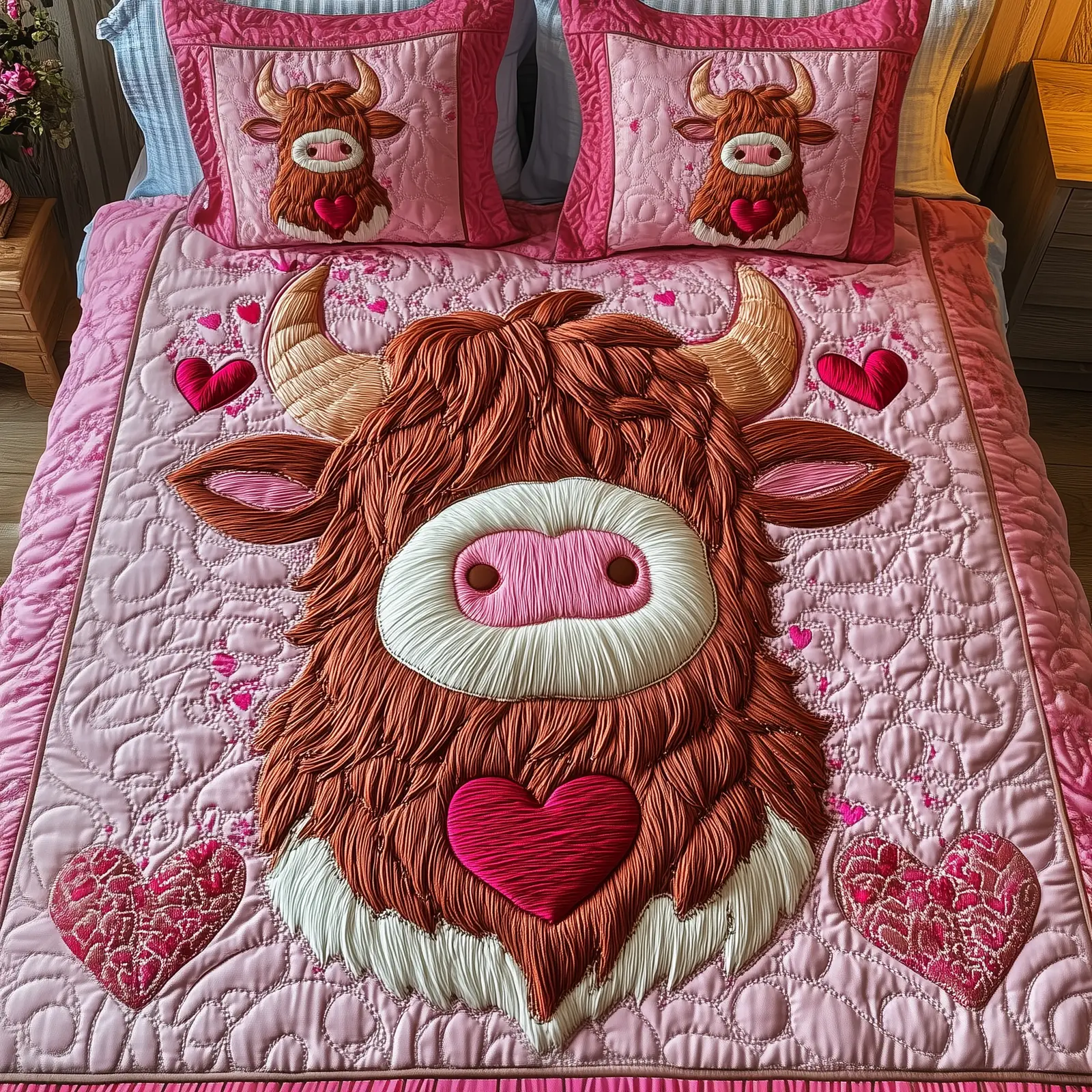 Pinky Sweetie Highland Cow Quilted Bedding Set Luxury Home Decor Valentines Gift For Husband