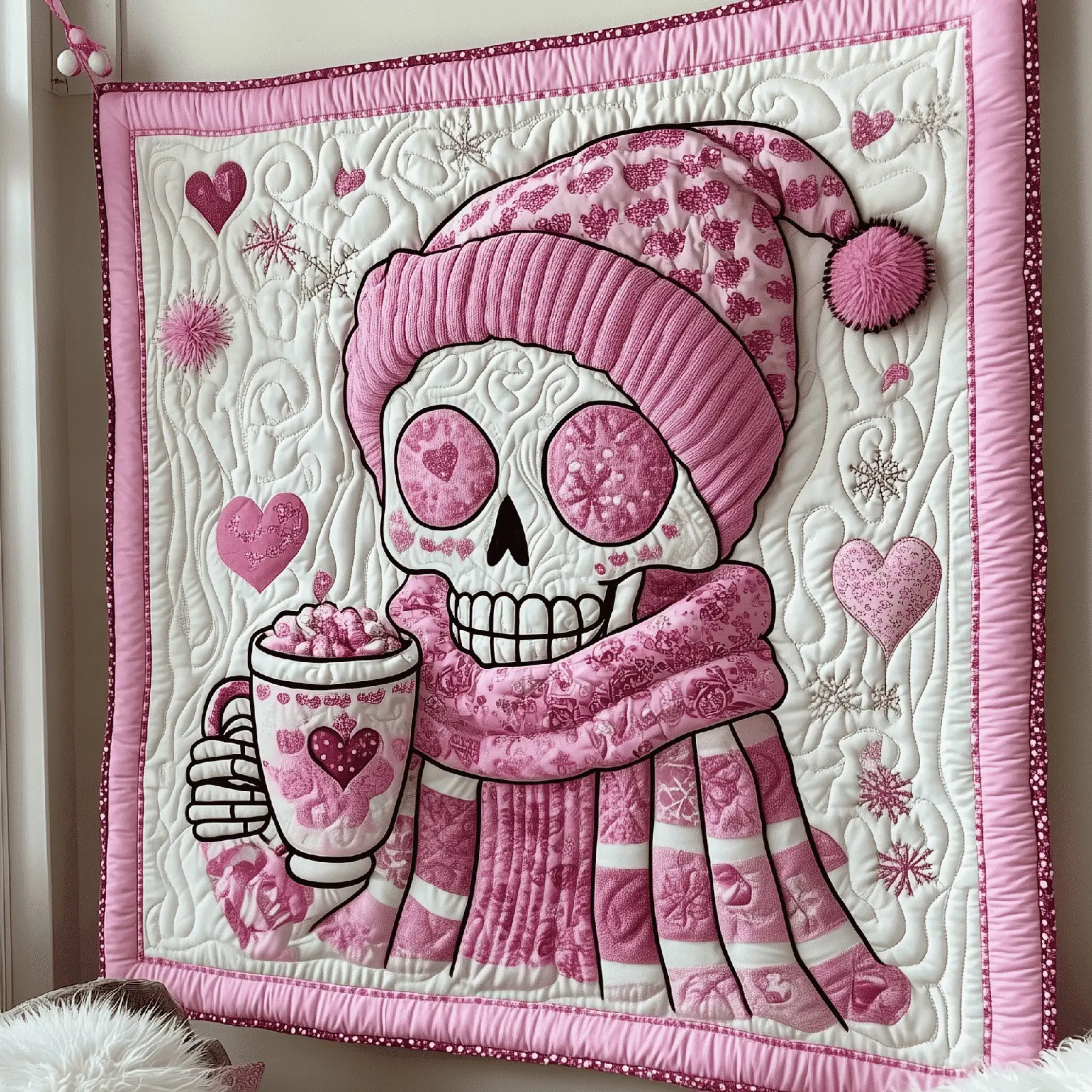 Pinky Valentine Skull Quilted Blanket Home Accessories Valentine Gifts For Skull Lovers