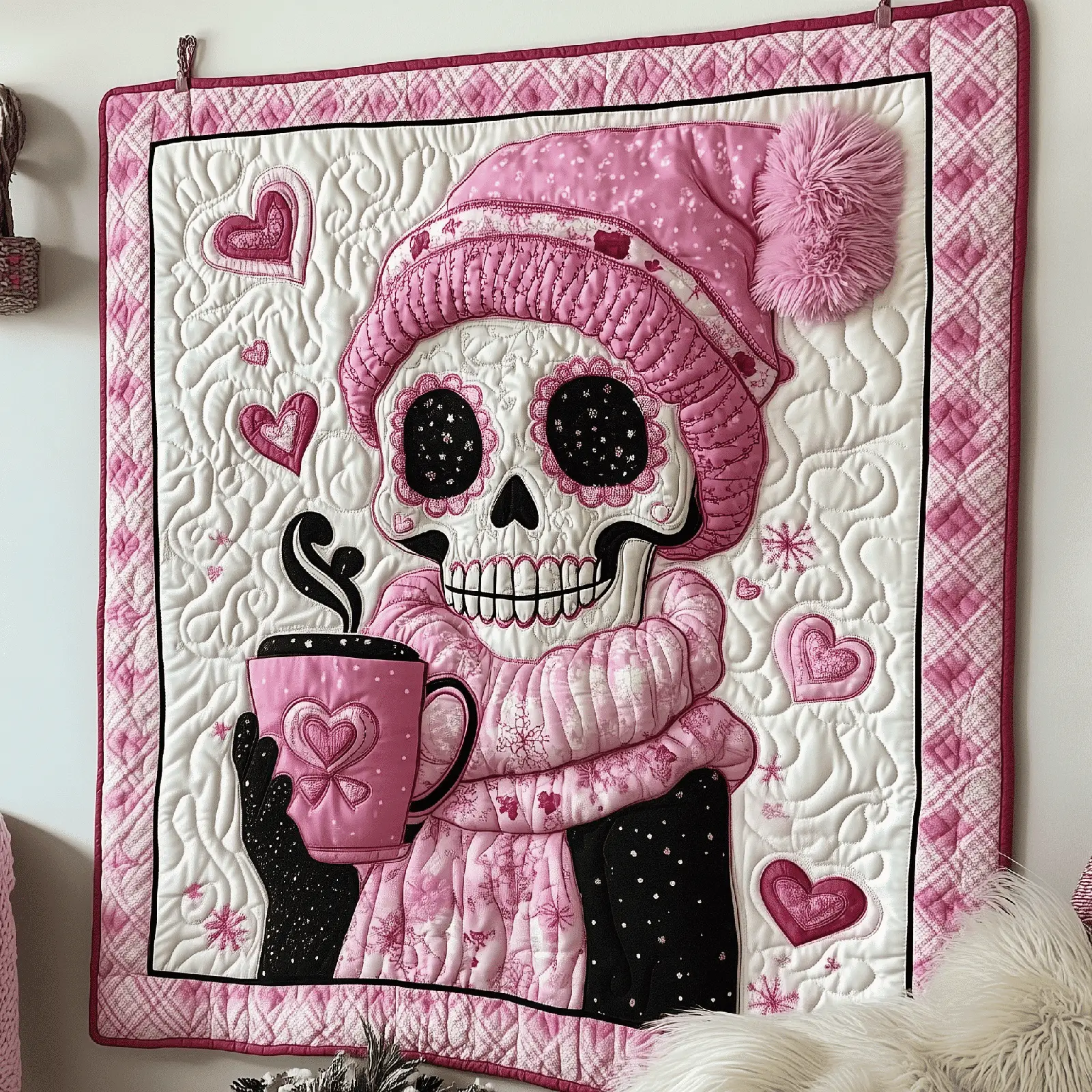 Pinky Valentine Skull Quilted Blanket Skull Art Lovely Home Decorations Skull Lover Gifts