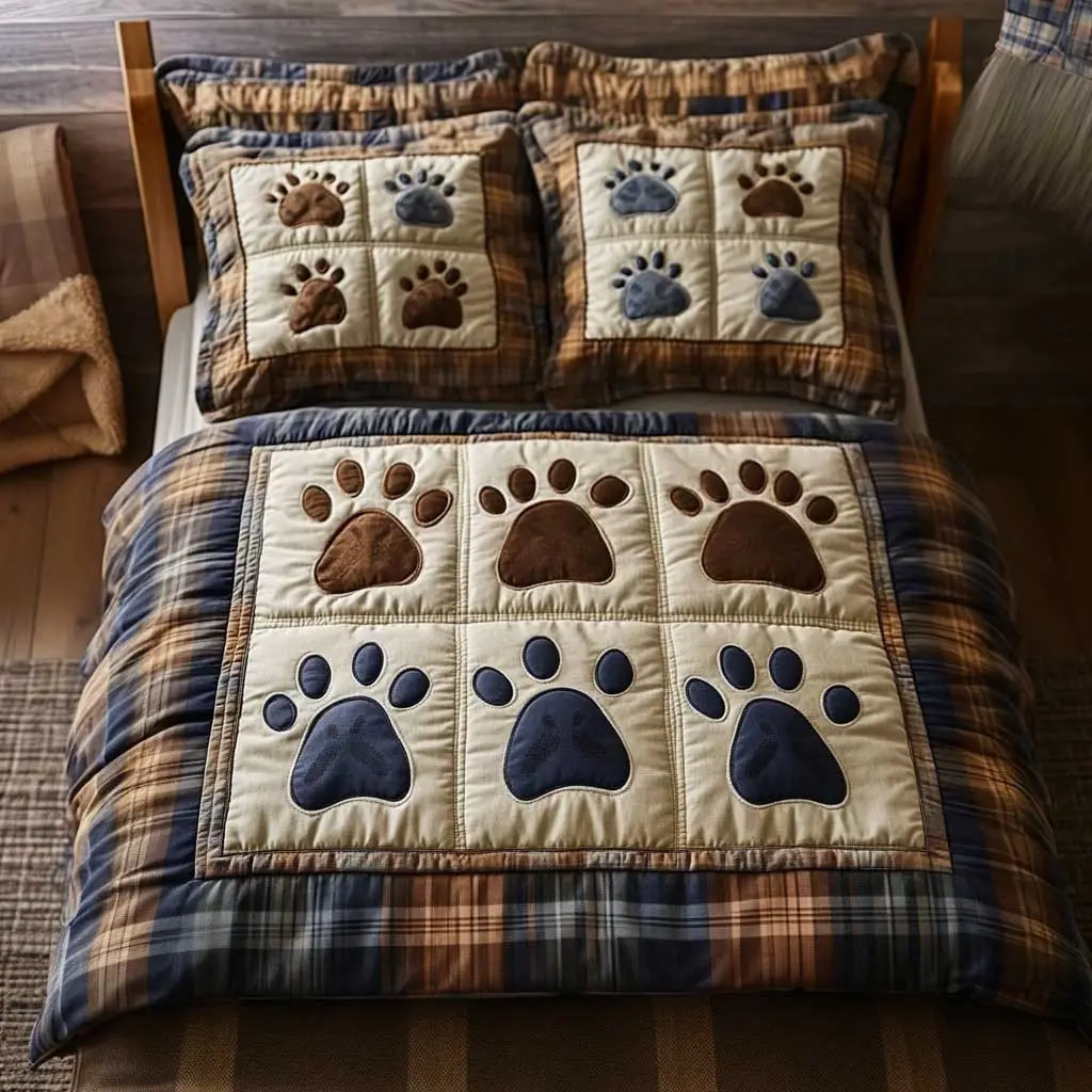 Plaid Paw Dog Quilted Bedding Set Duvet Cover Bedspread Present Ideas For Her Plaid Paw Dog Quilted Bedding Set Duvet Cover Bedspread Present Ideas For Her - Image 1