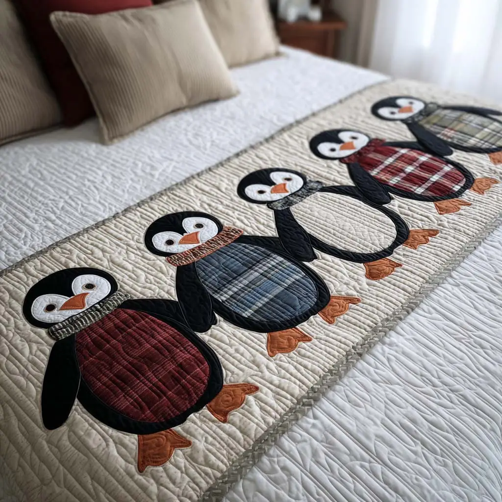 Plaid Penguins Quilted Bed Runner Plaid Penguin Pattern Winter Gift