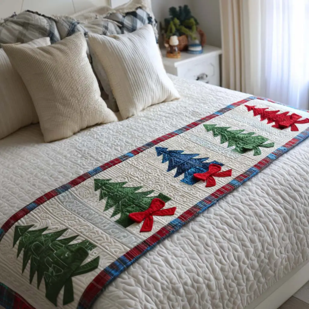 Plaid Trees Quilted Bed Runner Plaid Christmas Trees Holiday Gift