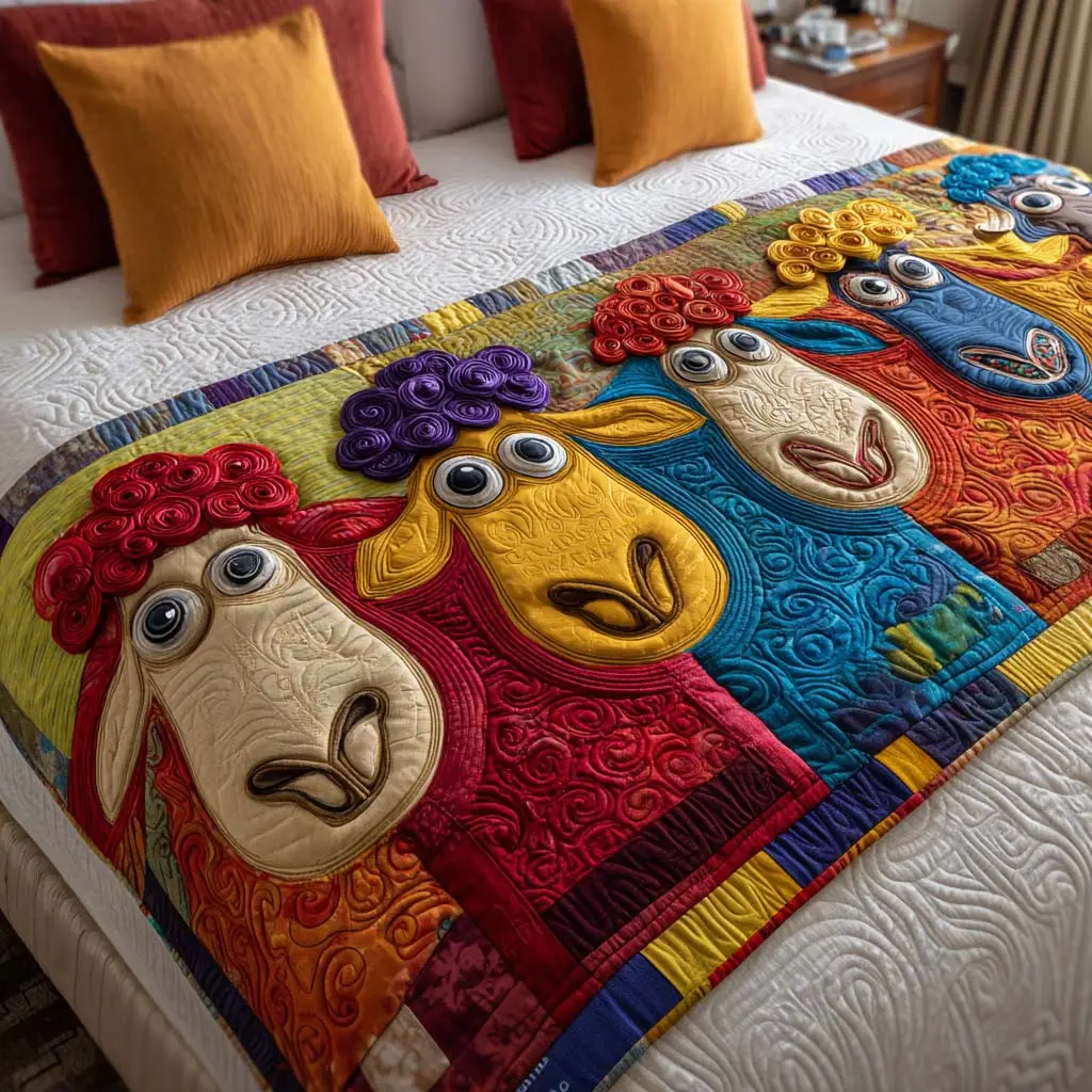 Playful Flock Quilted Bed Runner Playful Flock Sheep Design Holiday Gift