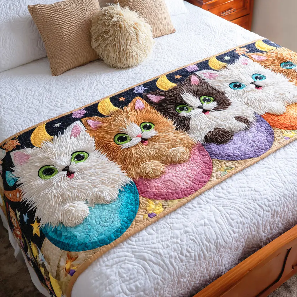 Playful Whiskers Quilted Bed Runner Playful Whiskers Cat Art Gift for Mom