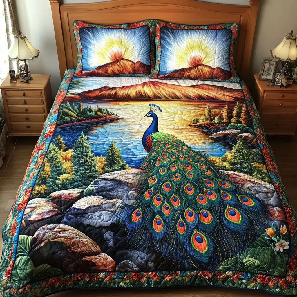 Plumes in the Breeze Quilted Bedding Set Bed Decorations Unique Peacock Themed Gifts