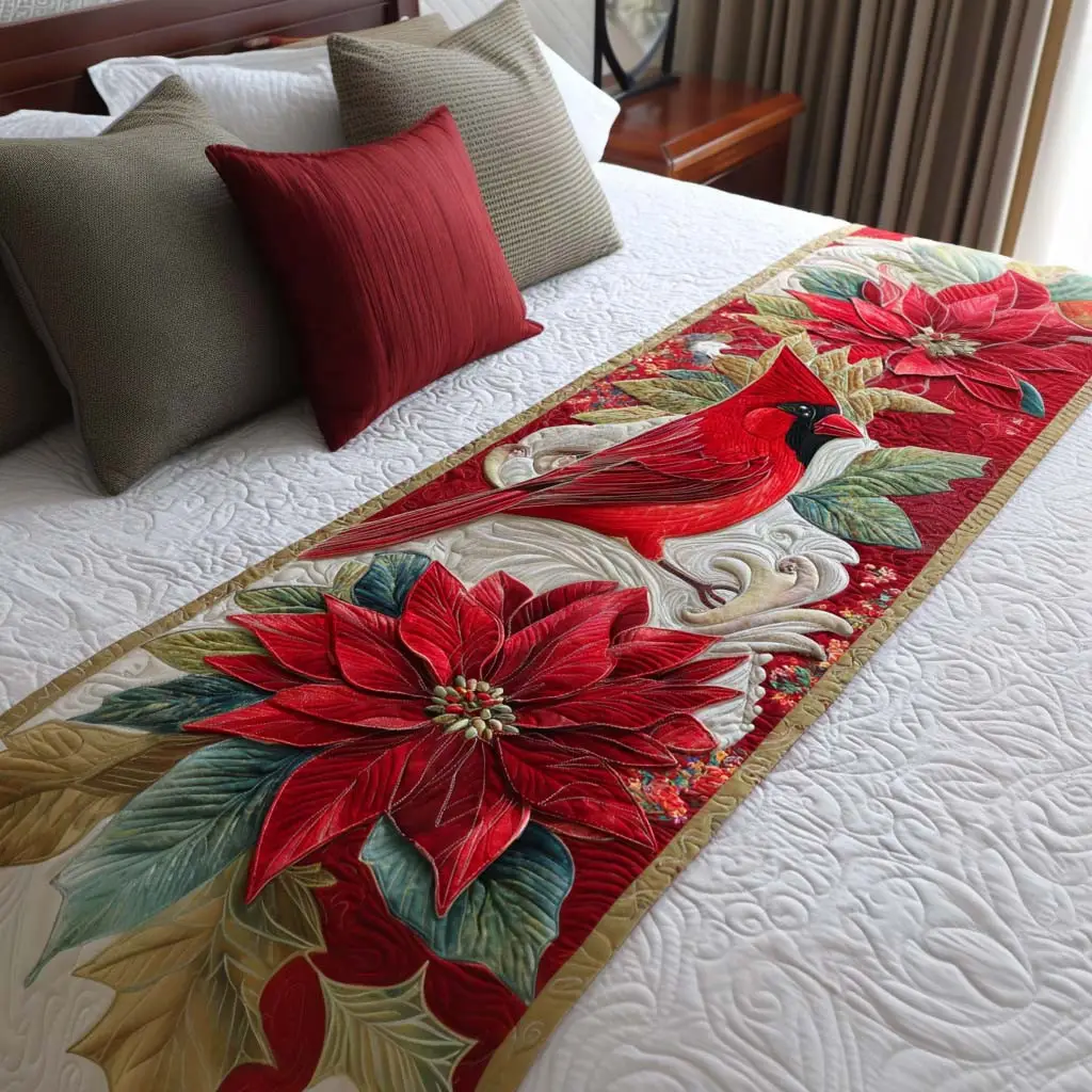 Poinsettia Cardinal Quilted Bed Runner Poinsettia Cardinal Artwork Christmas Gift for Grandma