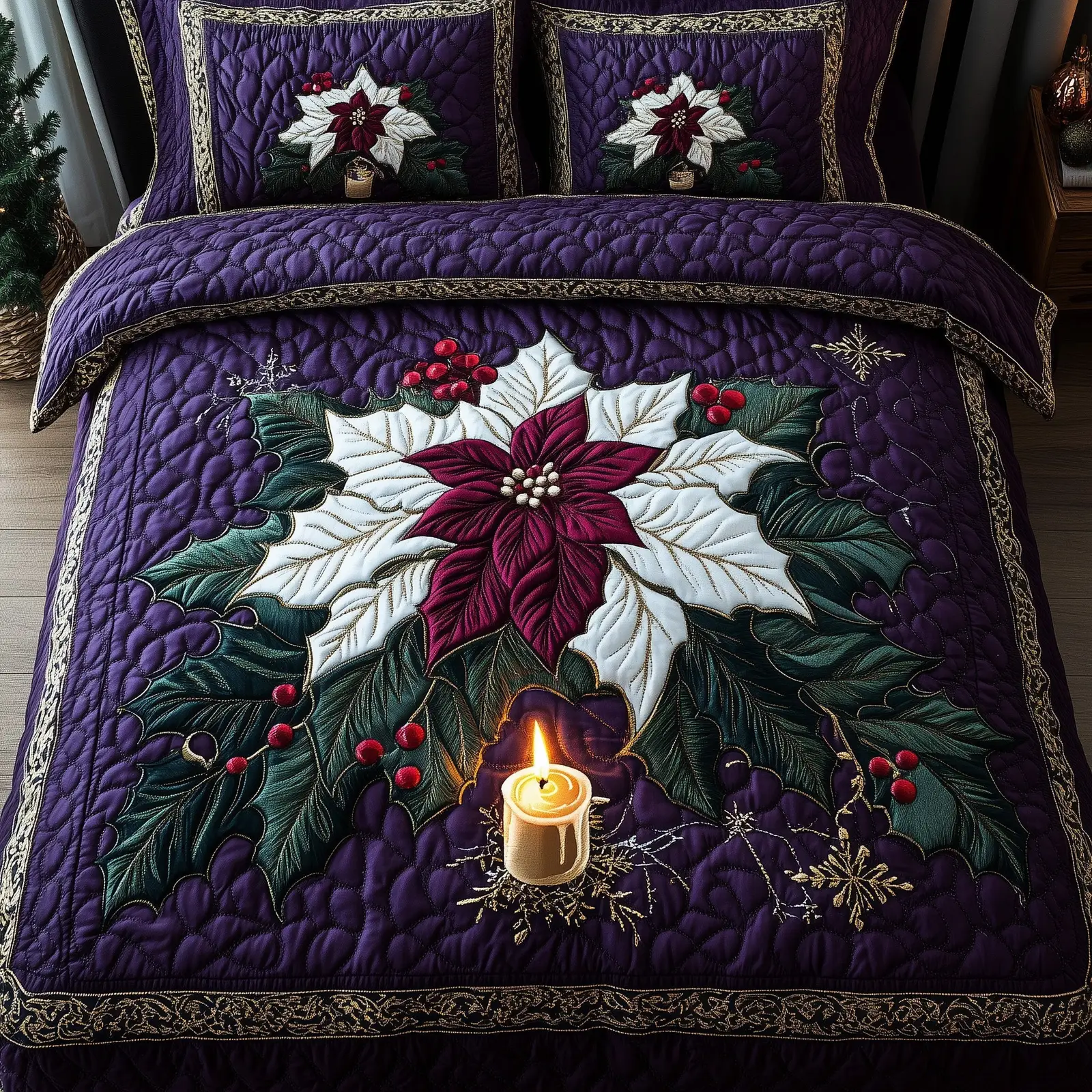 Poinsettia Charm Christmas Quilted Bedding Set Duvet Cover Bedspread Xmas Holiday Floral Gifts Poinsettia Charm Christmas Quilted Bedding Set Duvet Cover Bedspread Xmas Holiday Floral Gifts - Image 1