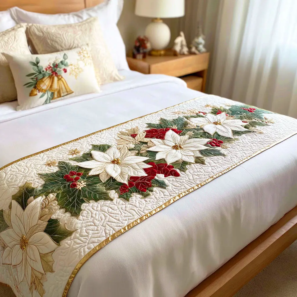 Poinsettia Charm Quilted Bed Runner Christmas Poinsettia Accent Holiday Gift for Aunt