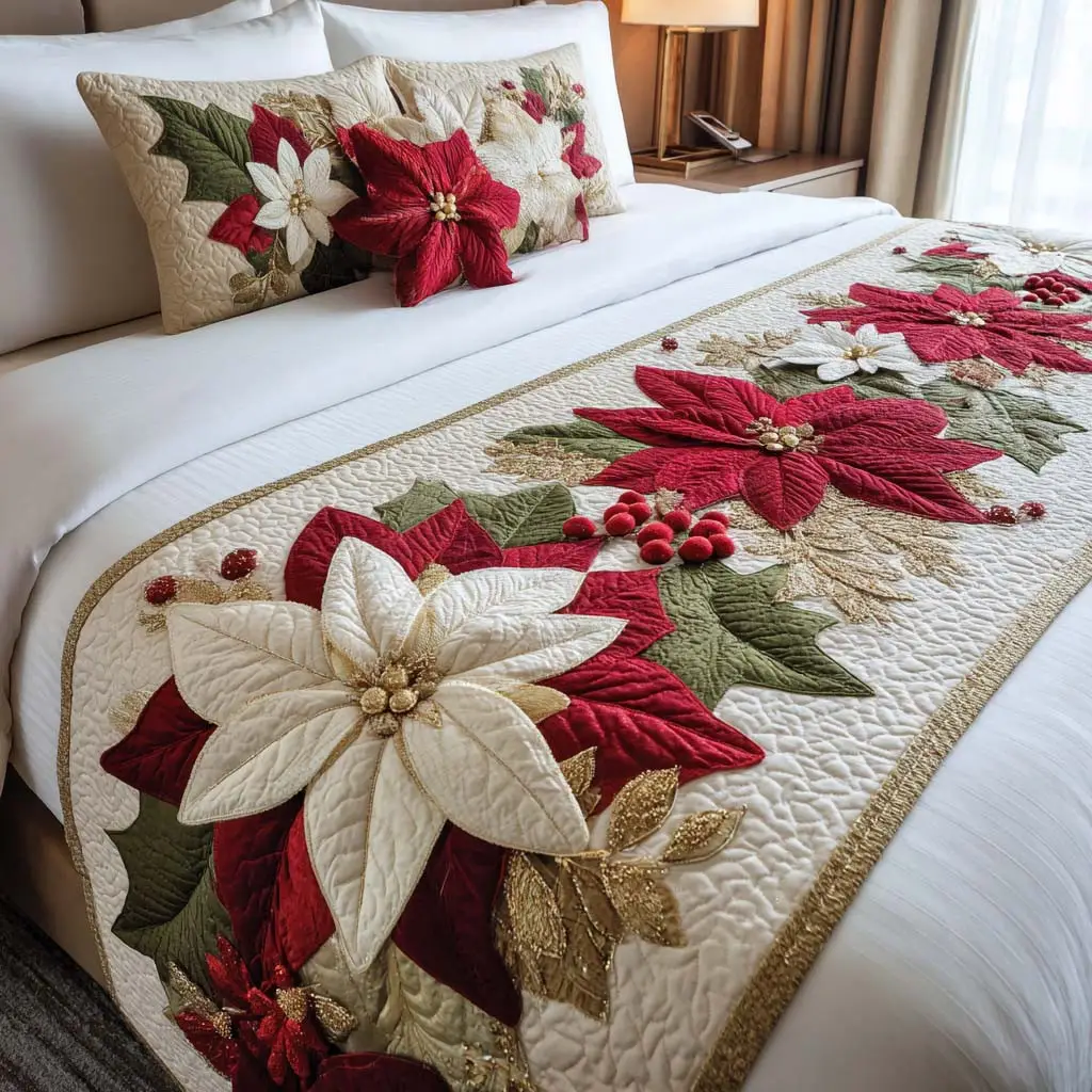 Poinsettia Christmas Bloom Quilted Bed Runner Holiday Floral Look Gift for Wife
