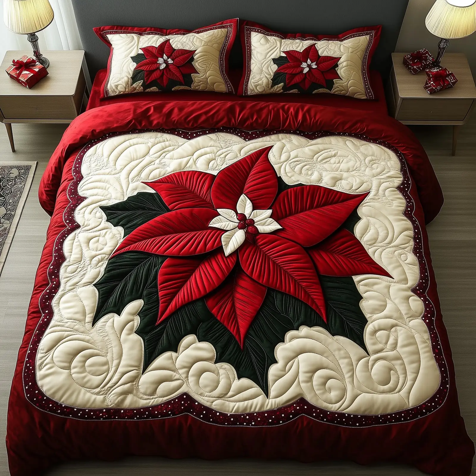Poinsettia Christmas Quilted Bedding Set Duvet Cover Bedspread Cozy Holiday Gifts For Her