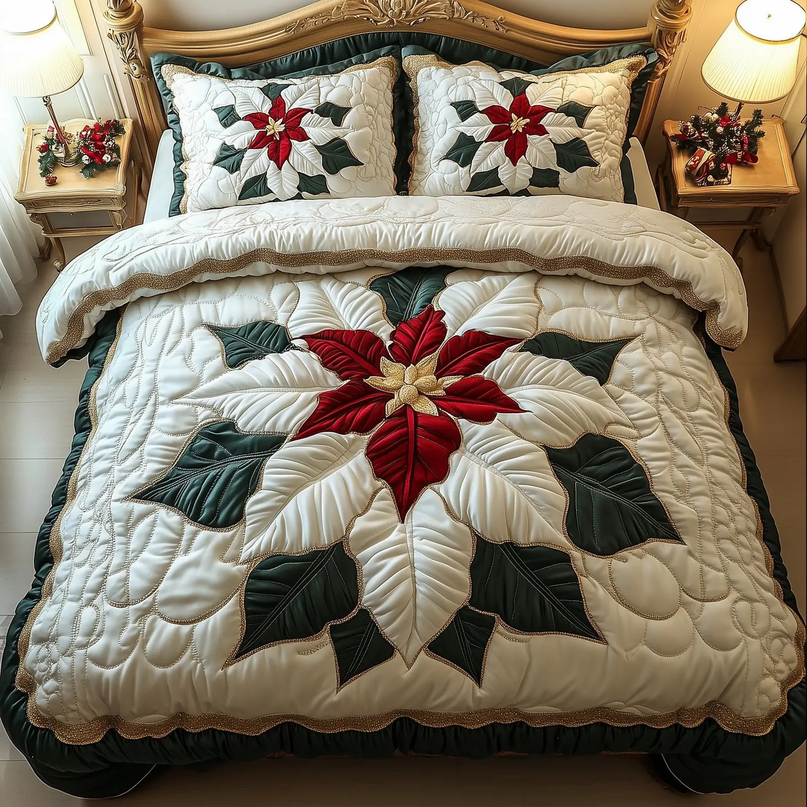 Poinsettia Christmas Quilted Bedding Set Duvet Cover Bedspread Winter Holiday Gift Ideas