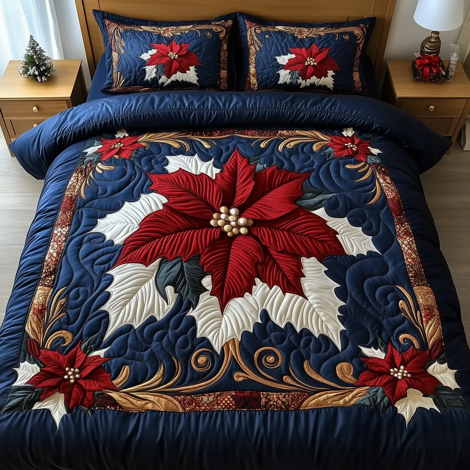 Poinsettia Christmas Quilted Bedding Set Duvet Cover Bedspread Winter Holiday Gifts