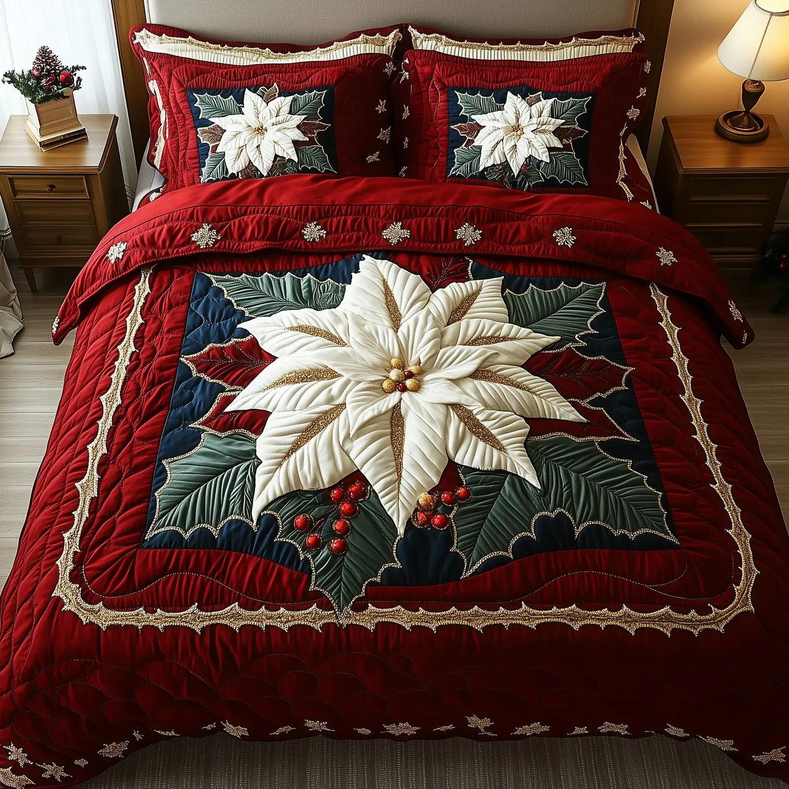 Poinsettia Christmas Quilted Bedding Set Duvet Cover Bedspread Winter Holiday Gifts For Family