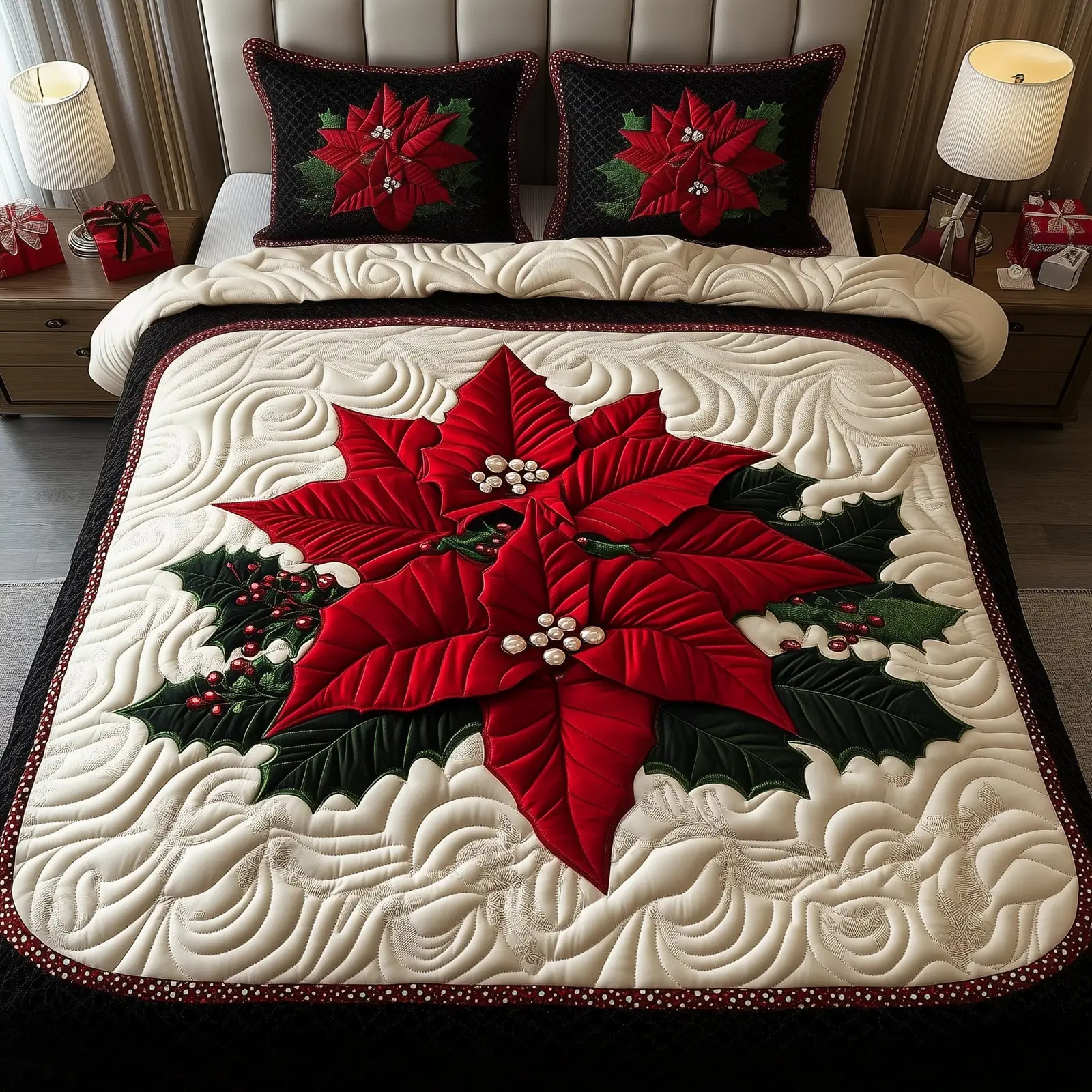 Poinsettia Christmas Quilted Bedding Set Duvet Cover Bedspread Xmas Holiday Gifts