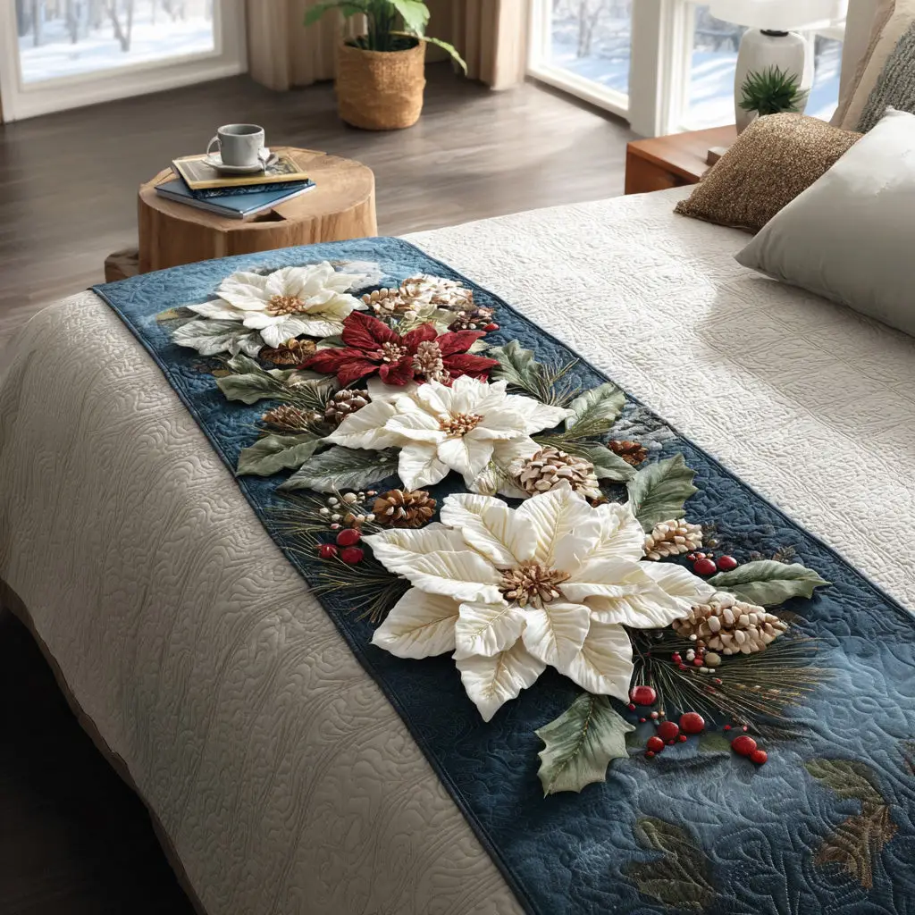 Poinsettia Glow Quilted Bed Runner Poinsettia Glow Holiday Gift for Wife