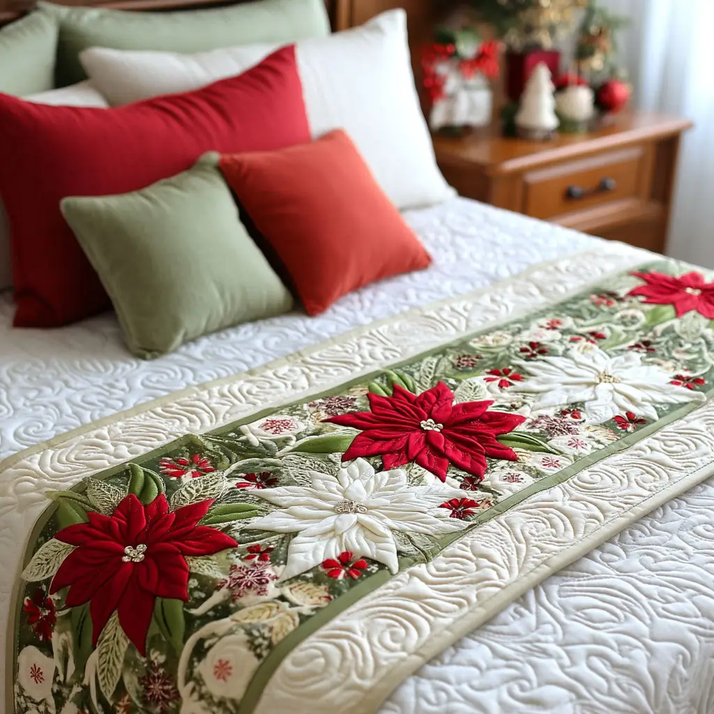 Poinsettia Grace Quilted Bed Runner Elegant Poinsettia Bloom Christmas Gift for Mom