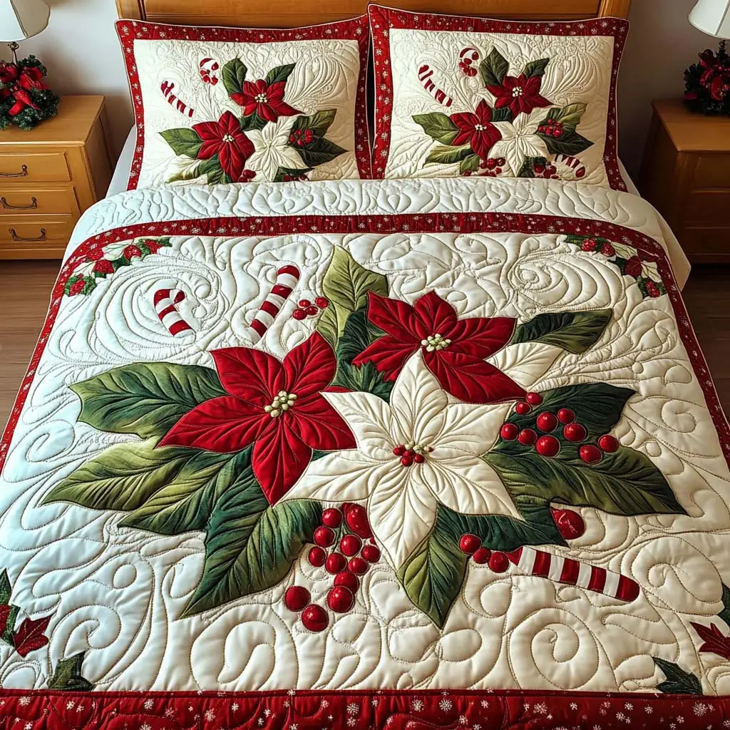 Poinsettia Joy Quilted Bedding Set Personalized Bedding Set Gift for Couples Poinsettia Joy Quilted Bedding Set Personalized Bedding Set Gift for Couples - Image 1