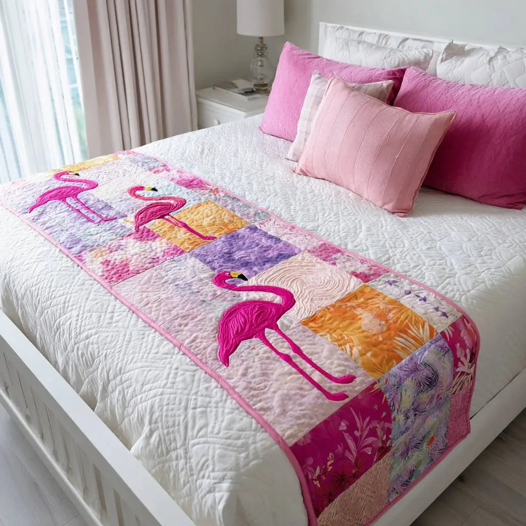 Poised in Pink Quilted Bed Runner Poised Flamingo Pink Summer Gift