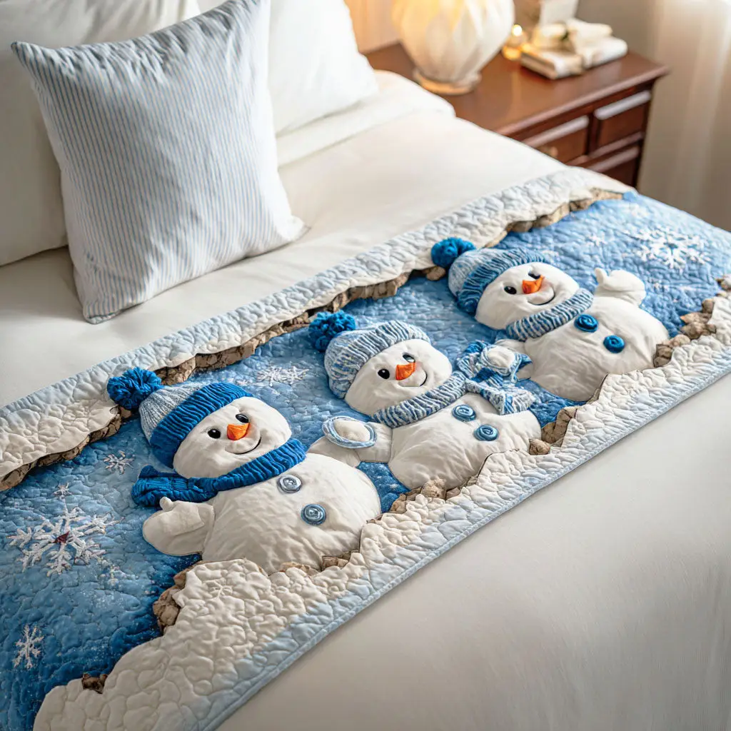 Polar Snowman Joy Quilted Bed Runner Frosty Snowman Scene Winter Gift for Daughter