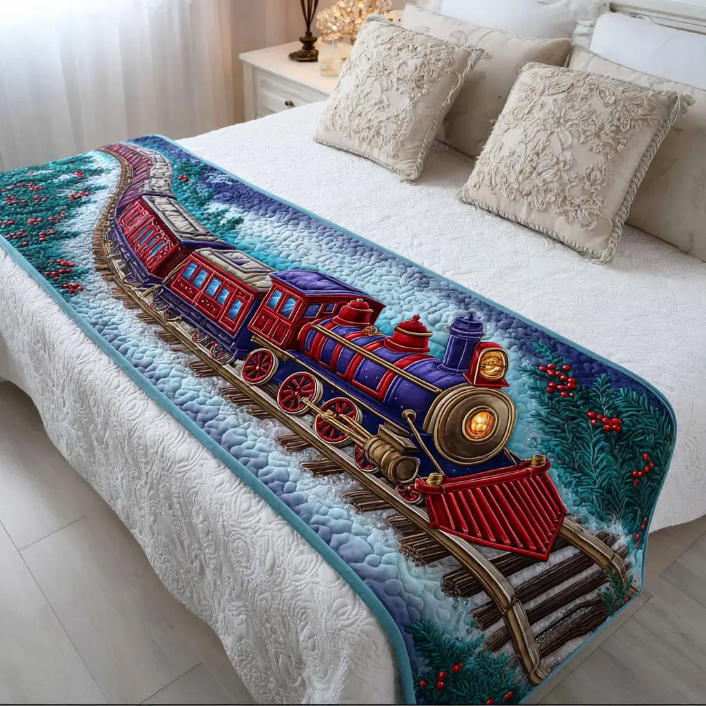 Polar Steam Path Quilted Bed Runner Polar Steam Journey Winter Gift