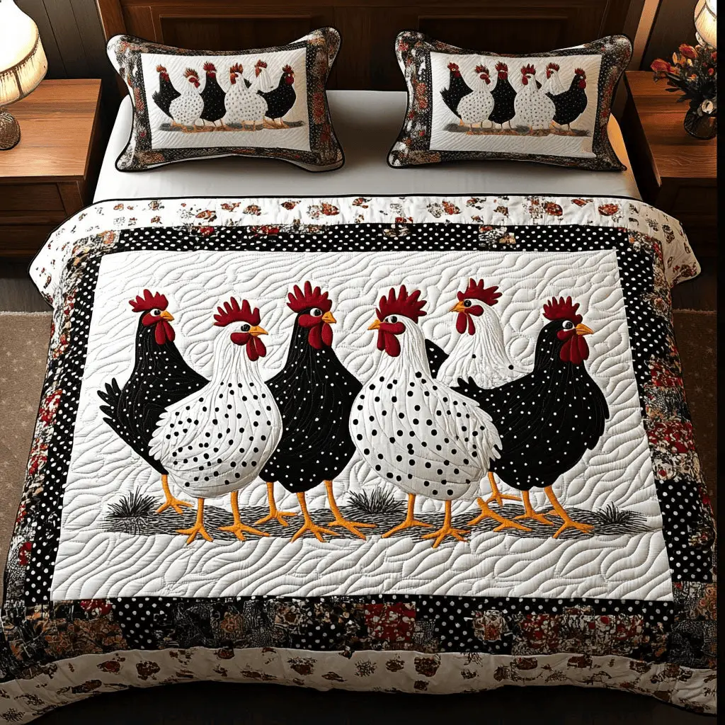 Polka Chickens Quilt Bedding Set Farming Duvet Covers Great Mother's Day Gift For Wife