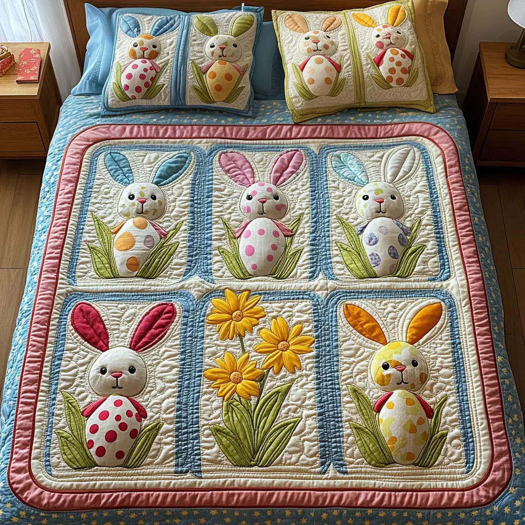 Polka Dot Bunny Quilted Bedding Set Autumn Inspired Bedroom Unique Bunny Gifts