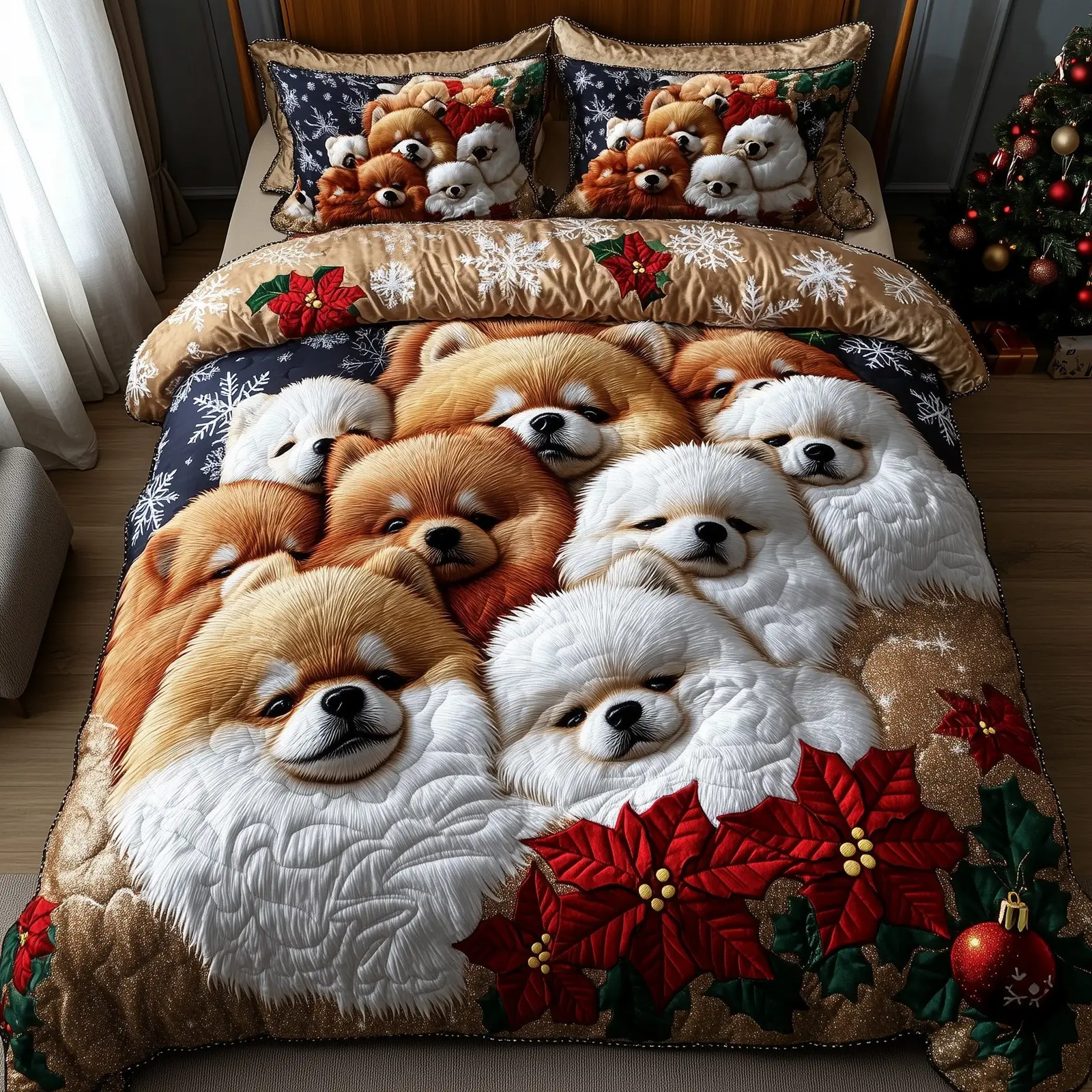 Pomeranian Christmas Quilted Bedding Set Duvet Cover Bedspread Dog Themed Presents For Her