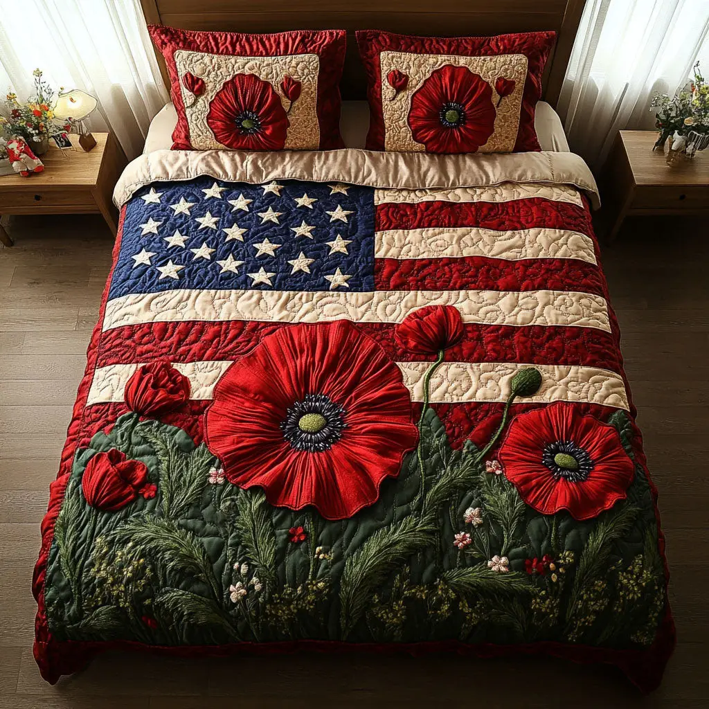 Poppa Poppy Flag  Quilted Bedding Set  Duvet Covers 4Th Of July Neighbor Gifts