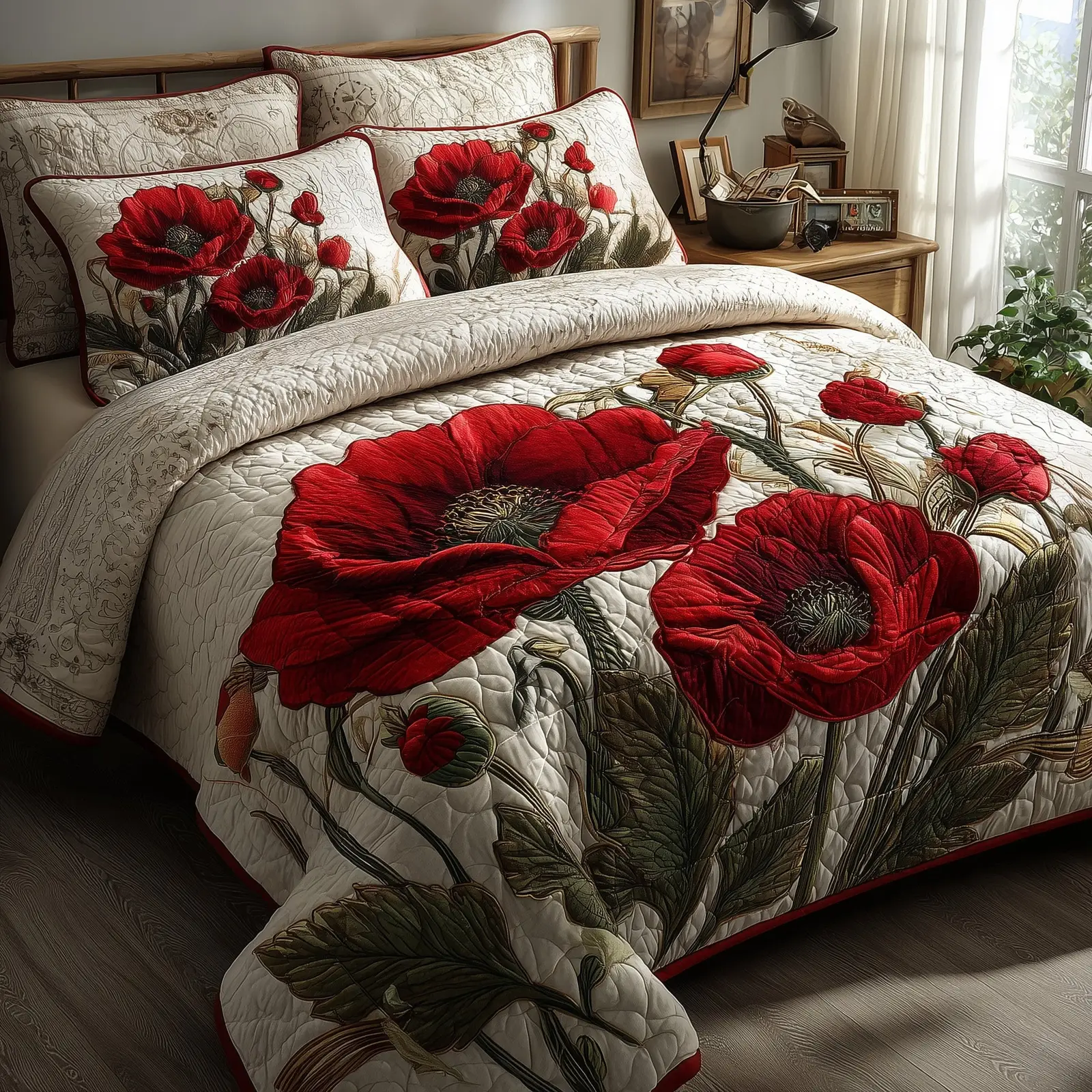Poppies Quilted Bedding Set Farmhouse Style