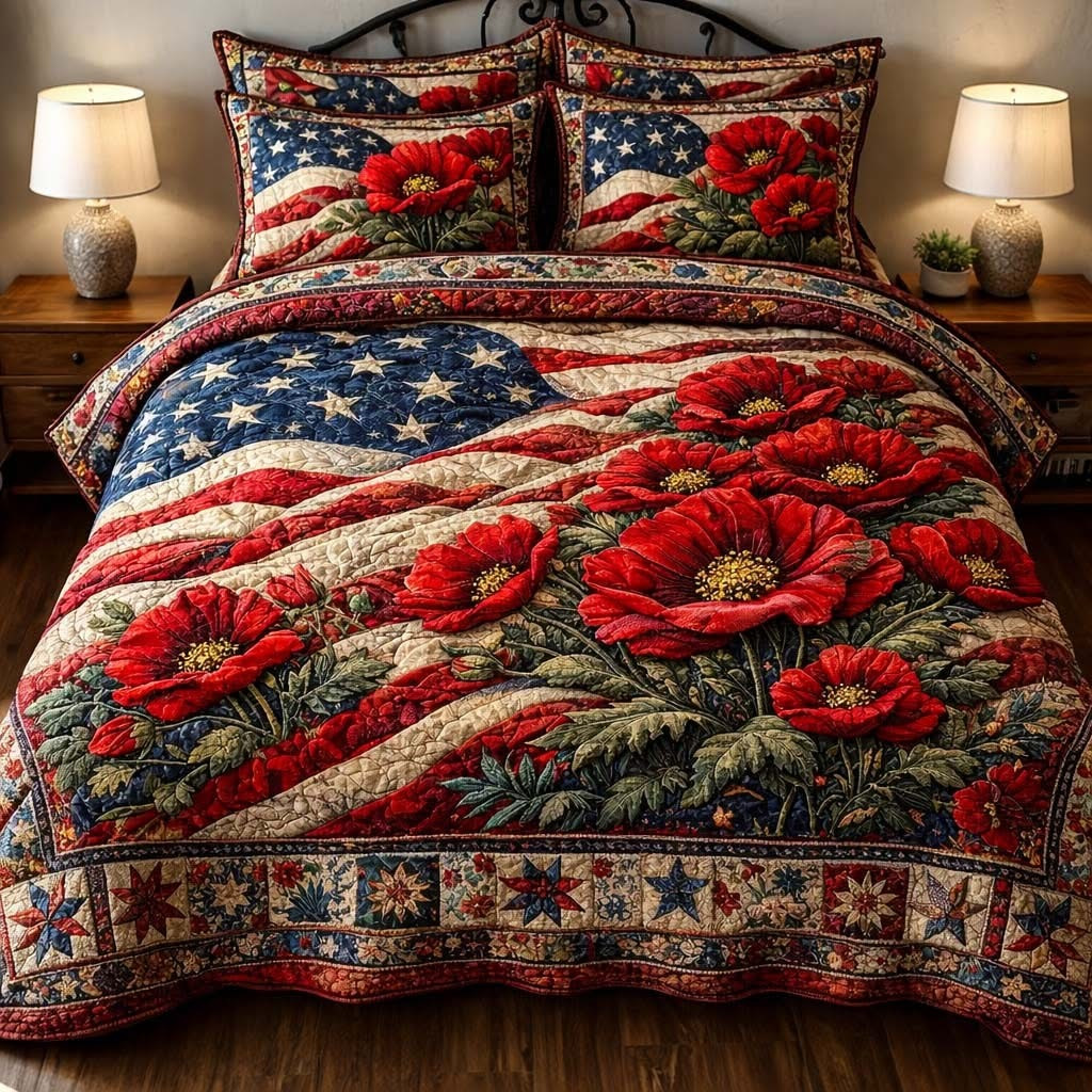 Poppy Blooming Quilted Bedding Set 250th Anniversary Duvet Covers Patriotic Decor