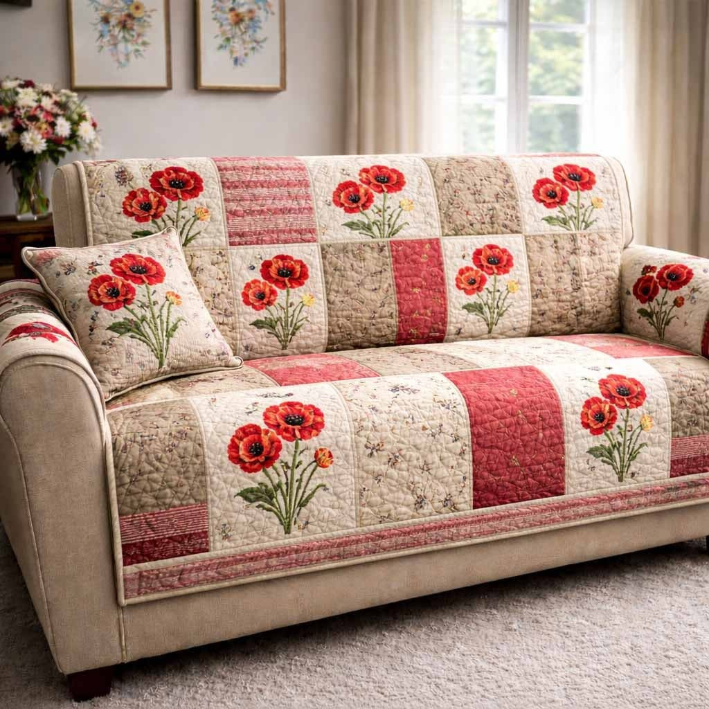 Poppy Patch Quilt Sofa Cover USA 250 Home Decor 4th of July Merch