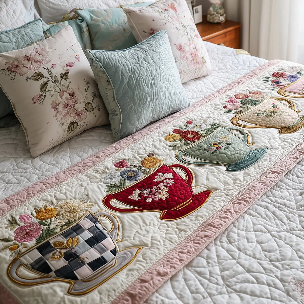 Porcelain Garden Trail Quilted Bed Runner Porcelain Garden Tea Path Vintage Home Gift