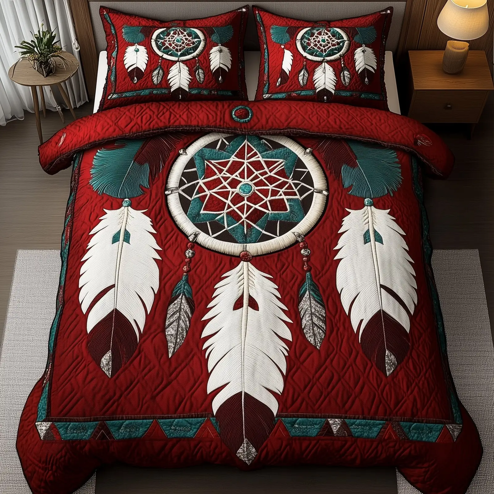 Prairie Dream Quilted Bedding Set Duvet Cover Bedspread Native Feather Presents For Friends
